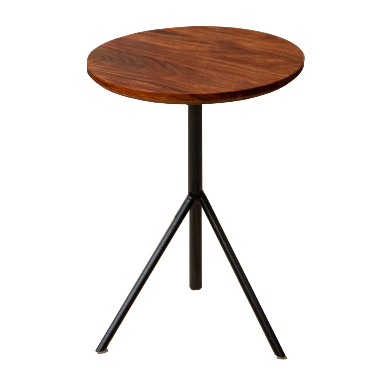 Saltoro Sherpi 19 Inch Handcrafted Round Acacia Wood End Side Table, Sleek Tripod Metal Base, Walnut Brown, Black-